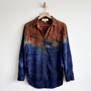 Cloth & Stone Anthropologie Tie Dye Ombre Tencel Button Down Shirt Blue Brown XS